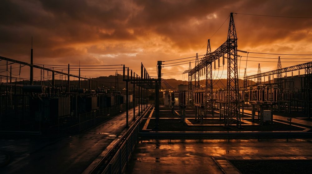 Orderly substation switchyard bathed in low amber dawn light