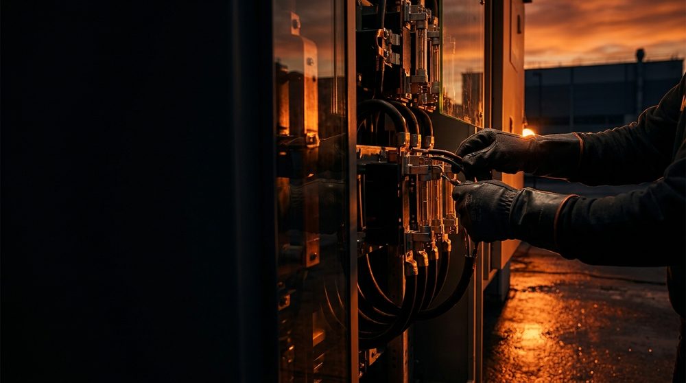 Close-up of gloved hands working on industrial electrical switchgear lit by warm amber light