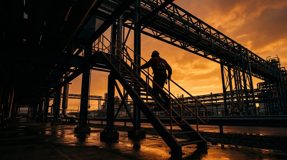 Silhouetted figure ascending an industrial gantry against a dusk sunset sky