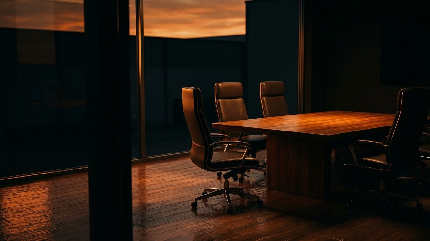 An empty boardroom at dusk, three chairs along one side of the table and a fourth turned outward