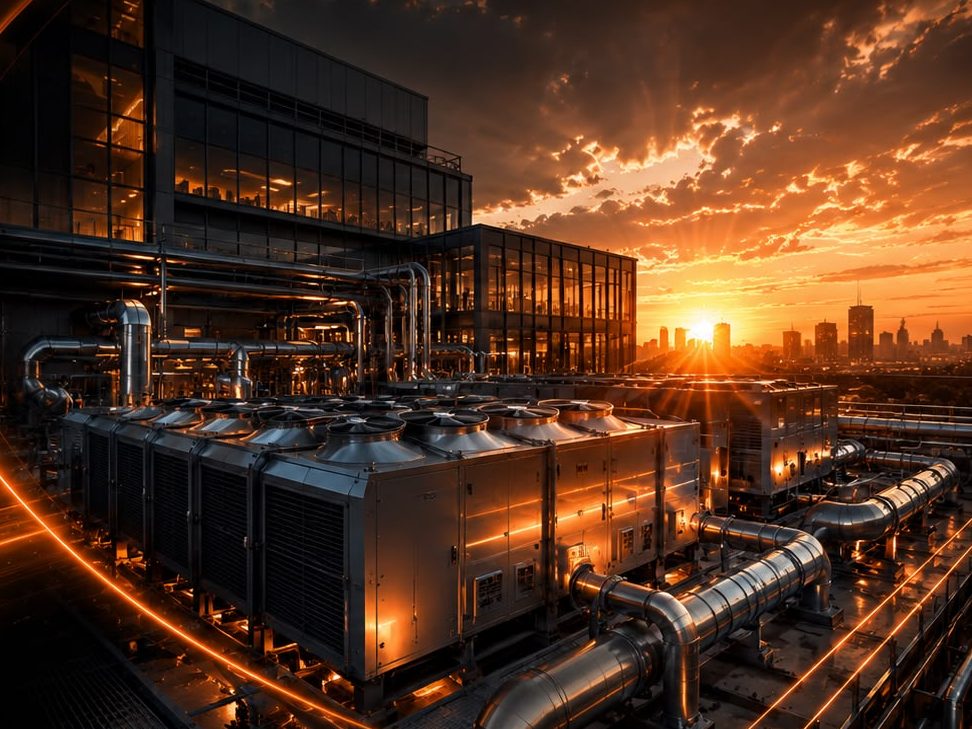 Rooftop chiller plant and pipework on a commercial building at sunset