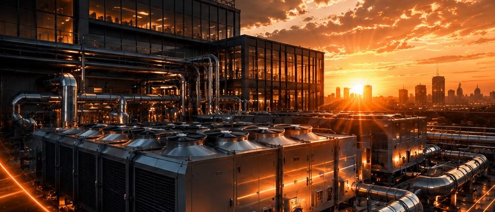 Rooftop chiller plant and pipework on a commercial building at sunset