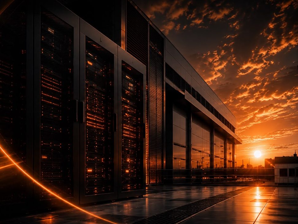 Rows of illuminated server racks inside a data centre at dusk