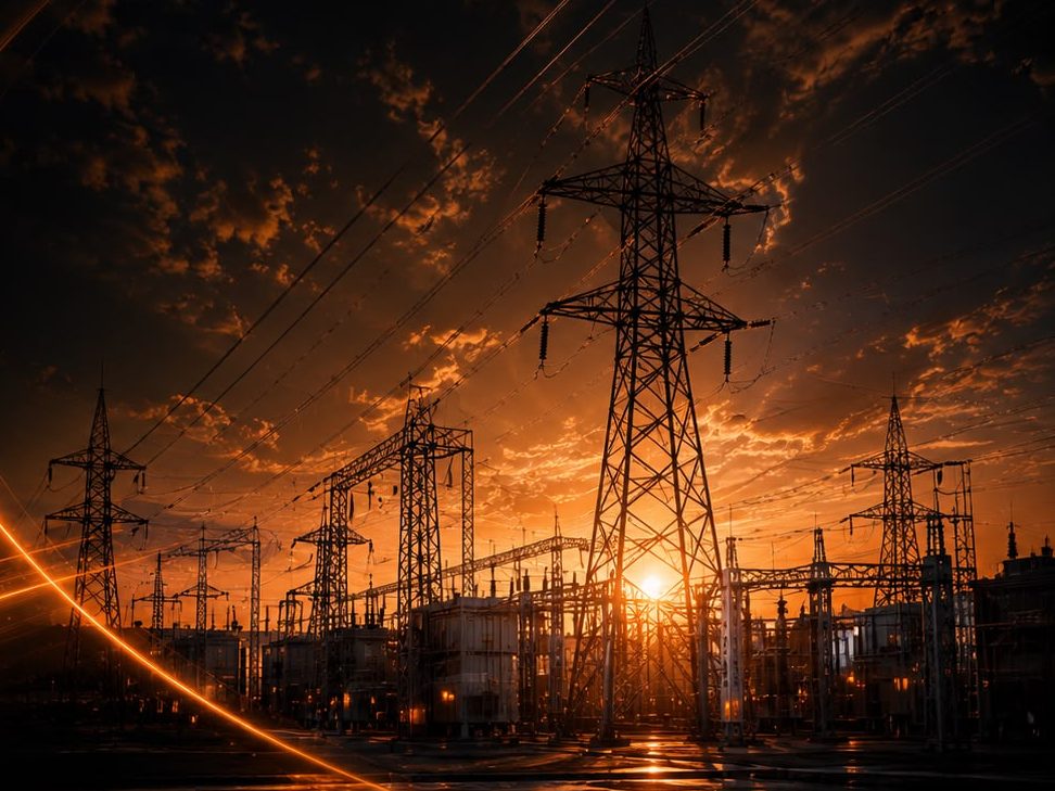 High-voltage transmission towers and a substation silhouetted against a sunset sky