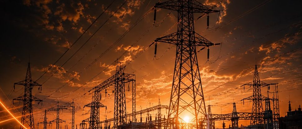 High-voltage transmission towers and a substation silhouetted against a sunset sky