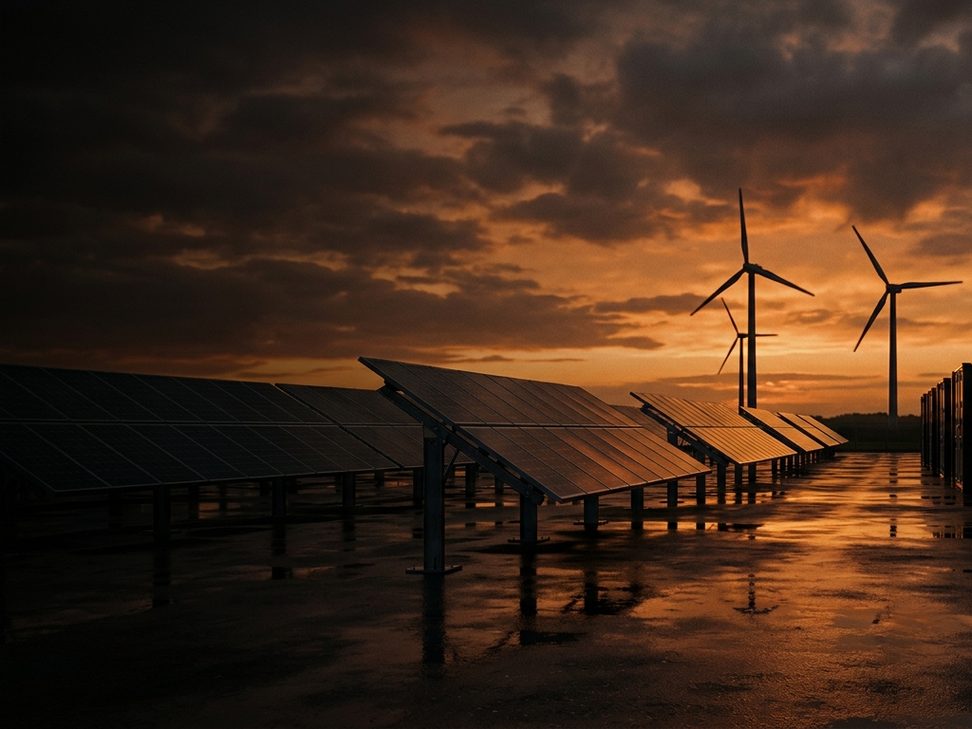 Utility-scale solar array and wind turbines at sunset